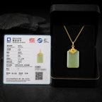 Real Green Jade Plaque Pendant Necklace – 925 Silver Chain 46CM, Symbol of Protection & Good Fortune