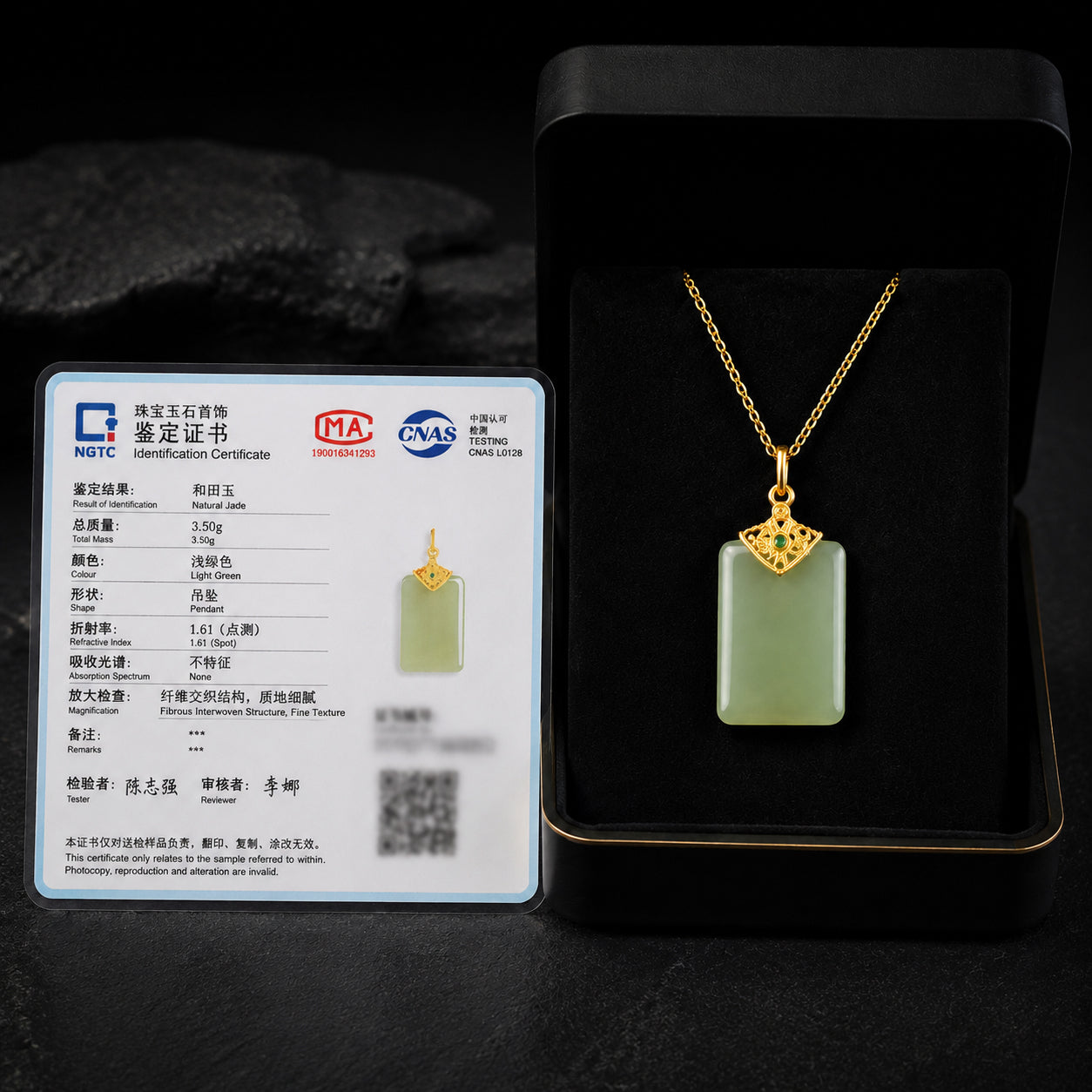 Real Green Jade Plaque Pendant Necklace – 925 Silver Chain 46CM, Symbol of Protection & Good Fortune