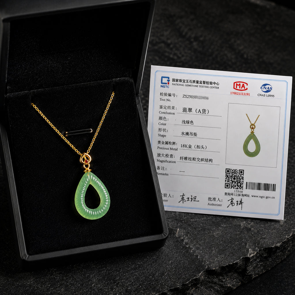Natural Green Jade Feng Shui Ripple Teardrop Necklace for Women – S925 Silver & 18K Gold, Symbol of Serenity & Good Luck