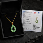 Natural Green Jade Feng Shui Ripple Teardrop Necklace for Women – S925 Silver & 18K Gold, Symbol of Serenity & Good Luck