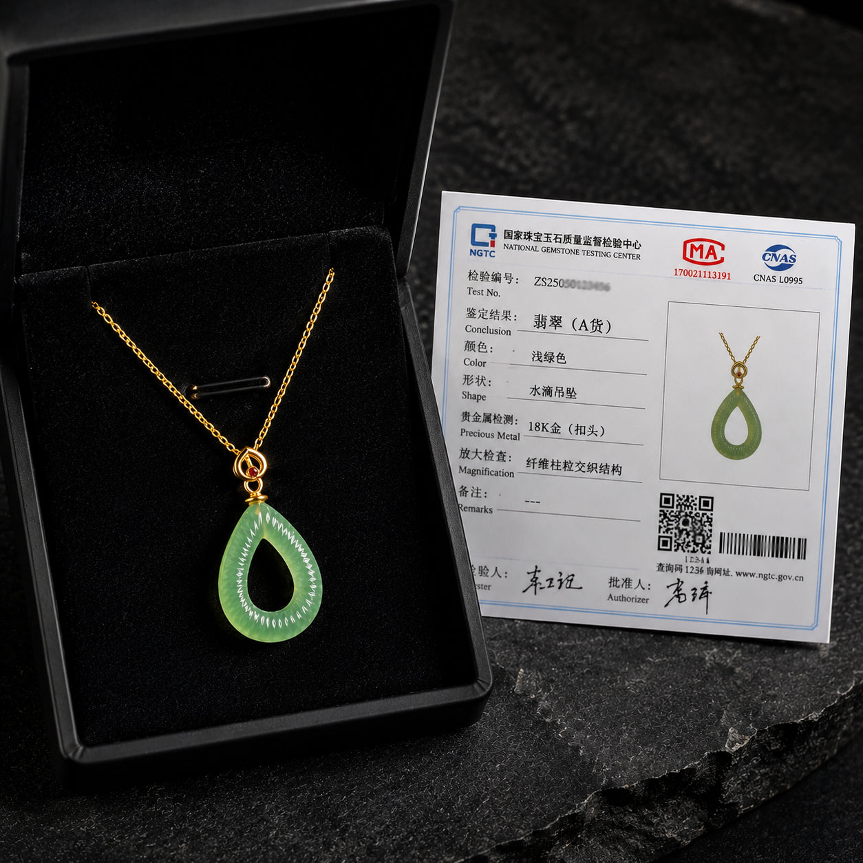 Natural Green Jade Feng Shui Ripple Teardrop Necklace for Women – S925 Silver & 18K Gold, Symbol of Serenity & Good Luck