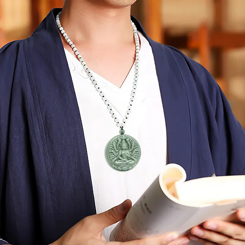 Real Hand-Carved Jadeite Thousand-Hand Guanyin Pendant Necklace – Men’s Jewelry jade BMjade