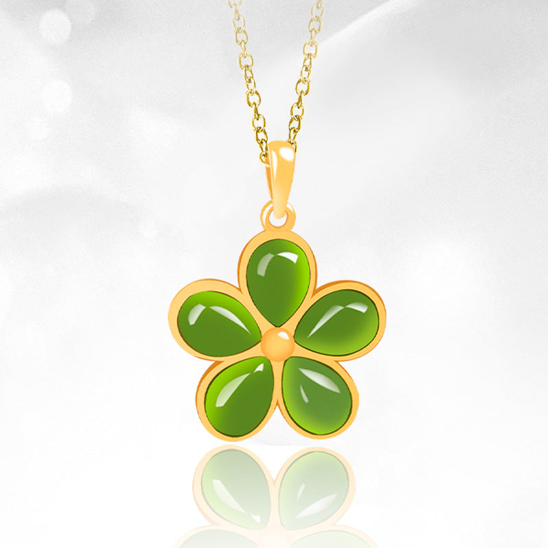 Natural Burmese Jade Five-Petal Flower Pendant Necklace, S925 Silver 46CM for Women jade BMjade