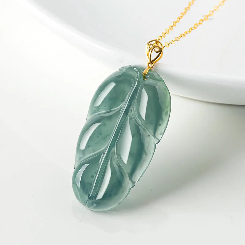 Natural Jadeite Blue Leaf Pendant Necklace for Women – 18K Gold jade BMjade