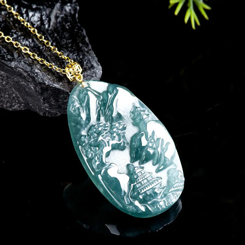 Real Blue Jadeite Landscape Plaque Pendant Necklace – 925 Silver, 46CM BMjade