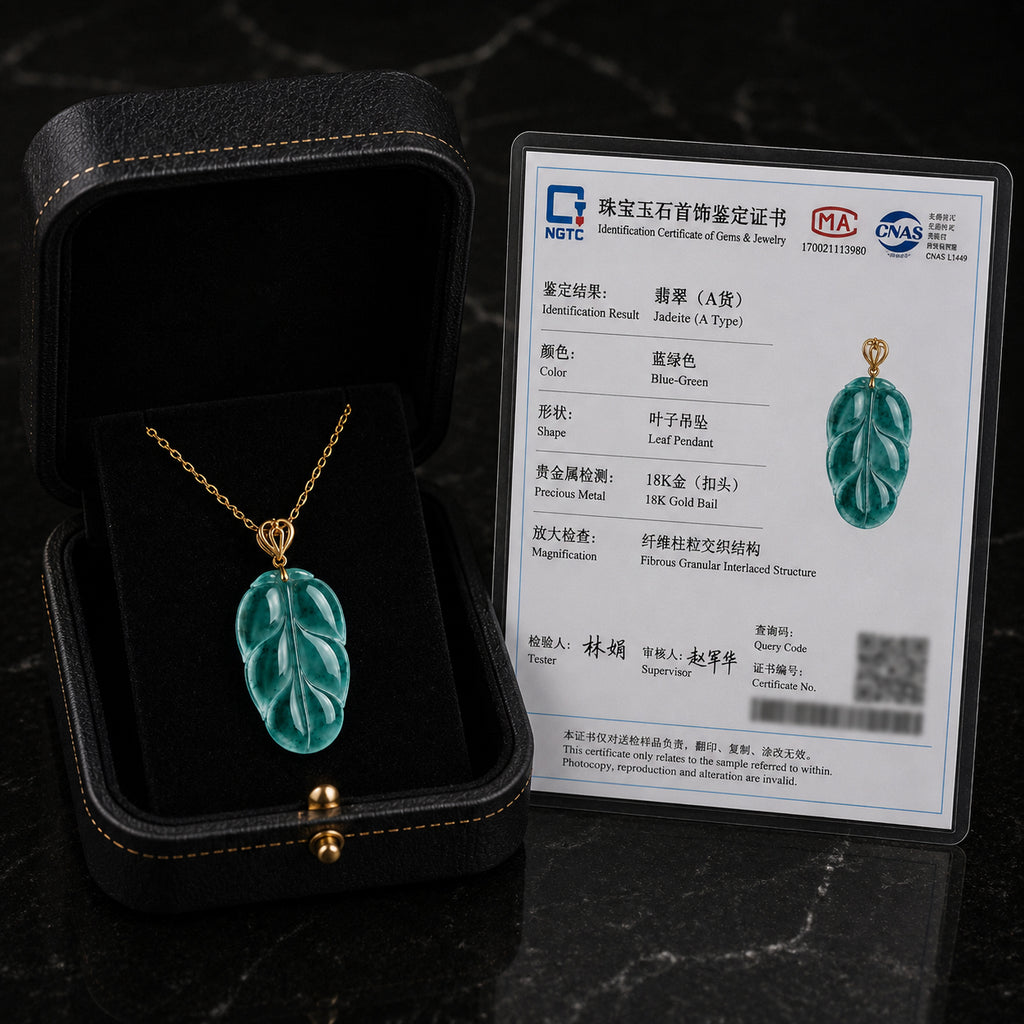 Natural Jadeite Blue Leaf Pendant Necklace for Women – 18K Gold