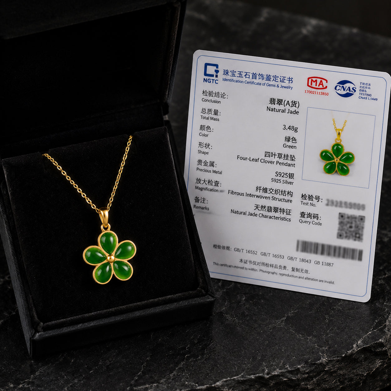Natural Green Jade Five-Petal Flower Pendant Necklace – S925 Silver 46CM, Symbol of Beauty & Good Fortune