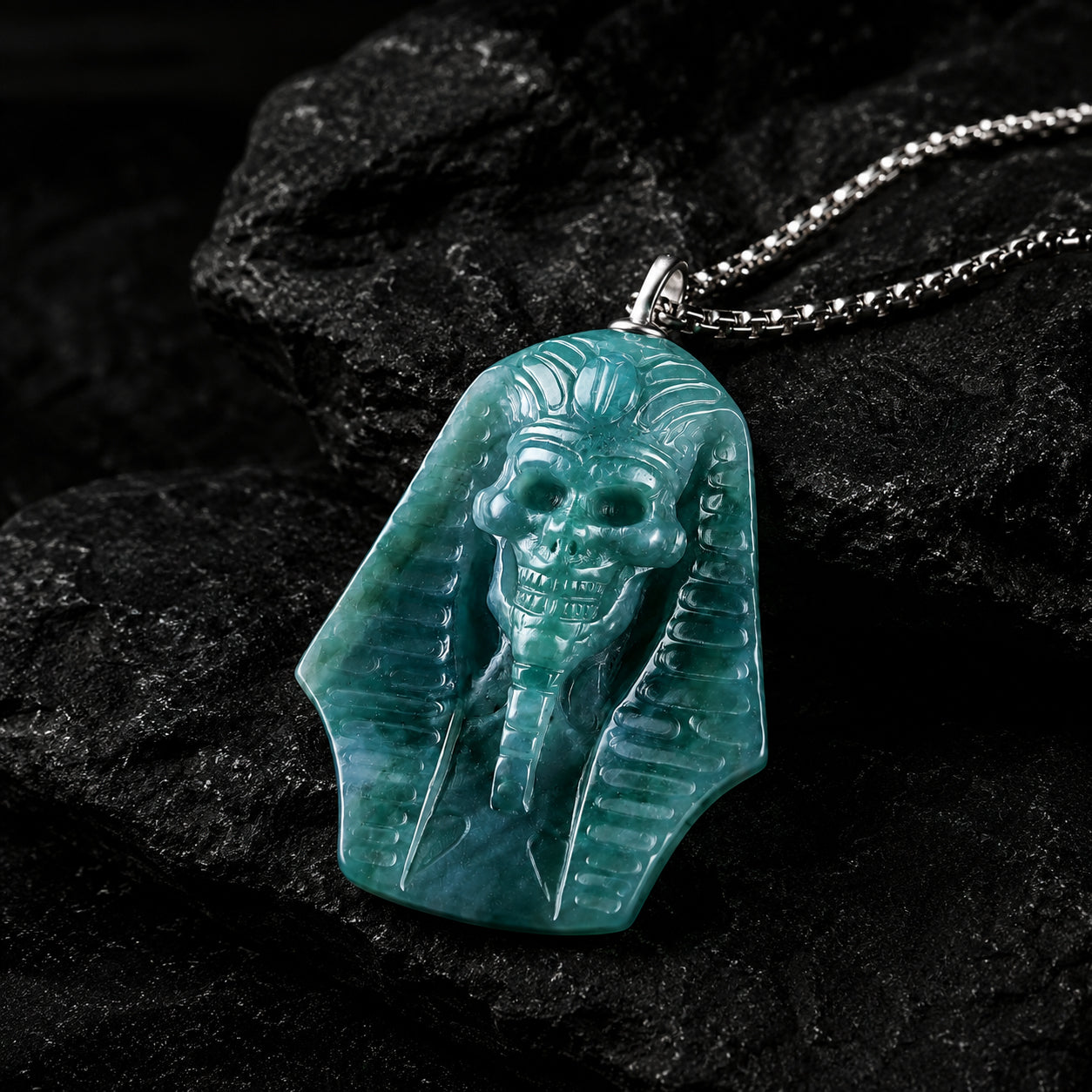 Natural Hand-Carved  BlueJadeite 3D Egyptian Pharaoh Necklace for Men