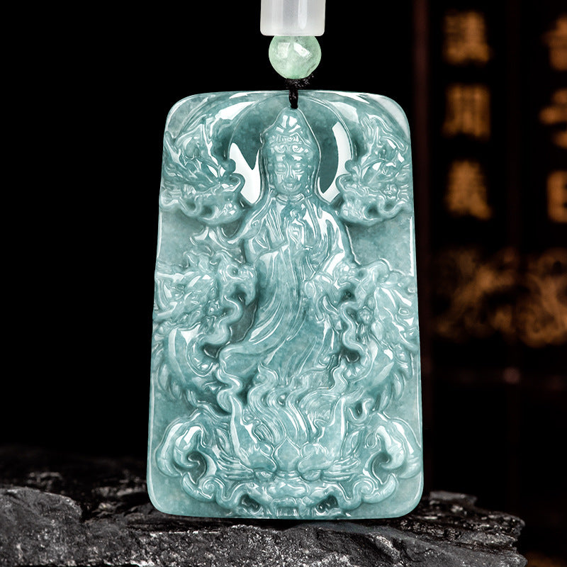 Real Blue Jadeite Carved Guanyin Dragon Pendant Necklace – Natural Jade Jewelry jade BMjade
