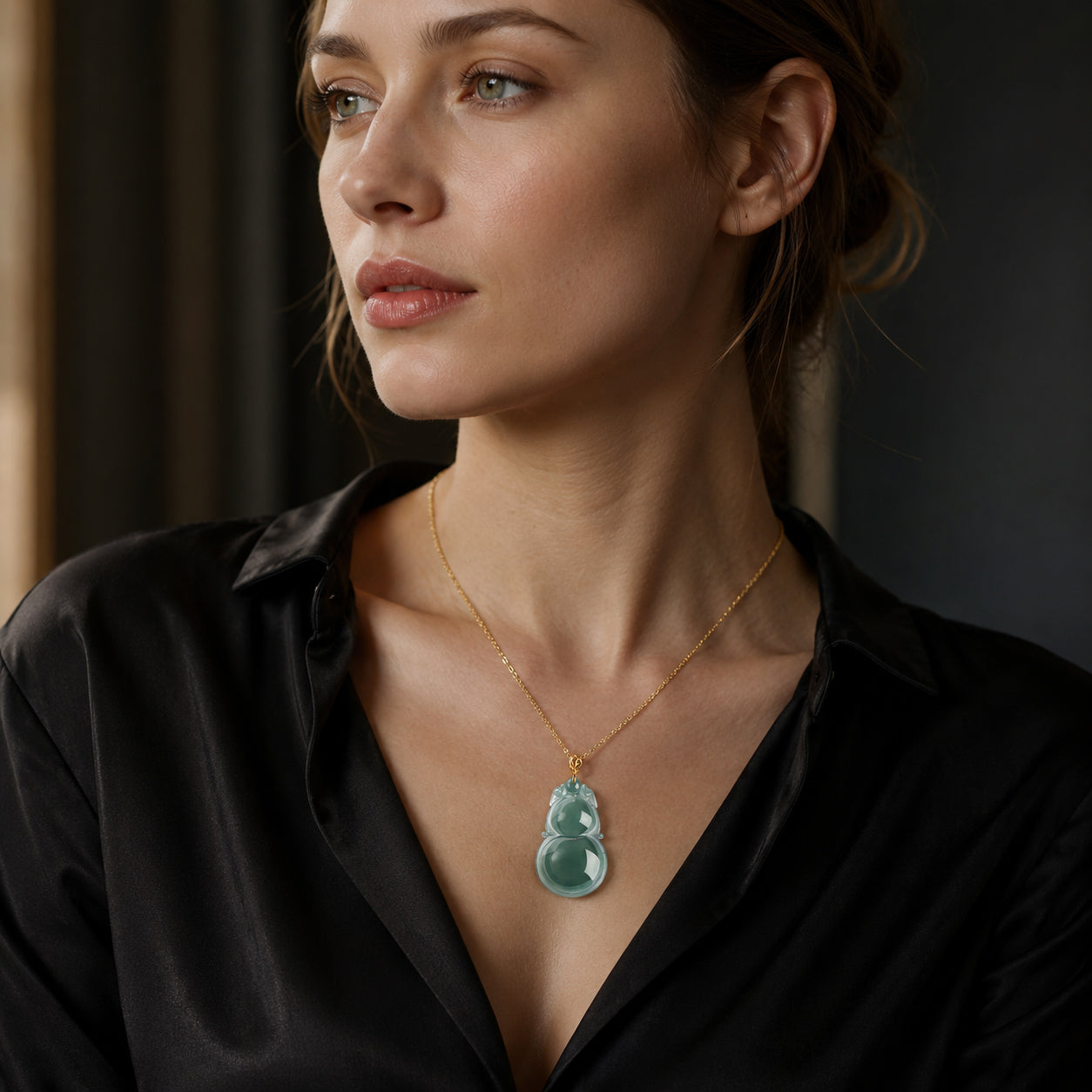 Jadeite Blue Gourd Pendant Necklace for Women – 18K Gold, Natural Jade