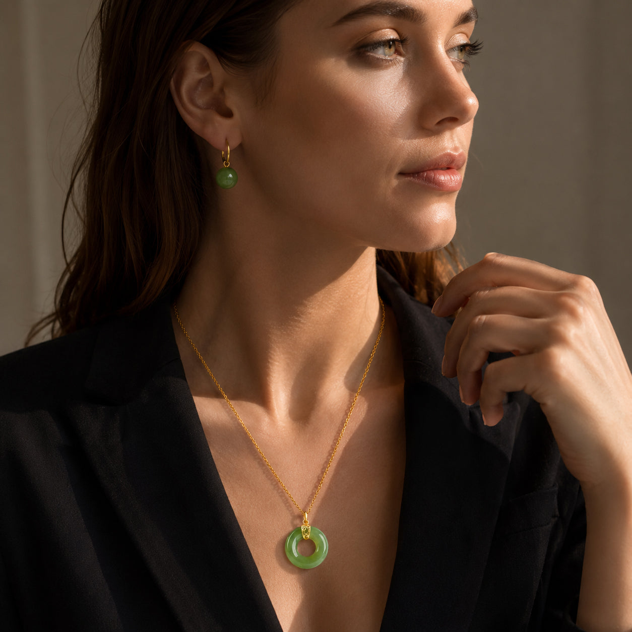 Lucky Green Jade Donut Necklace – 45cm S925 Silver Jewelry, Symbol of Peace & Prosperity