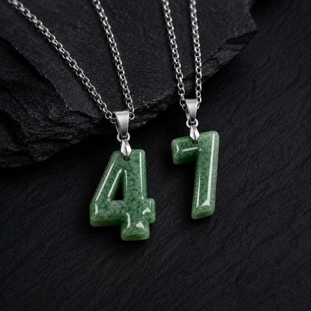Green jade number pendants 4 and 1 with S925 silver bail