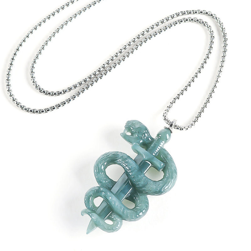 Hand-Carved Jadeite Snake Pendant Necklace for Men – Blue Jade BMjade