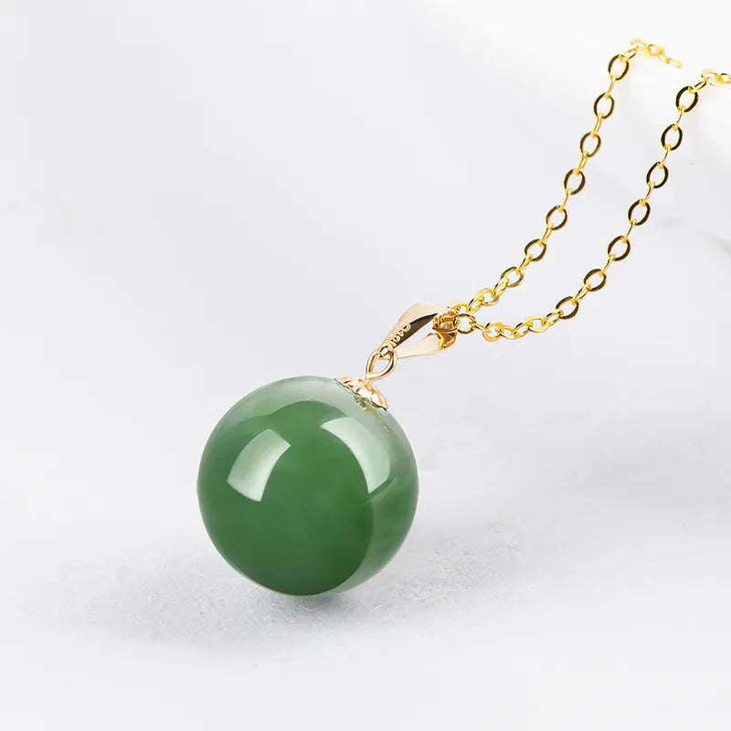Burmese Green Jade Round Bead Pendant Necklace – 18K Gold Jewelry jade BMjade