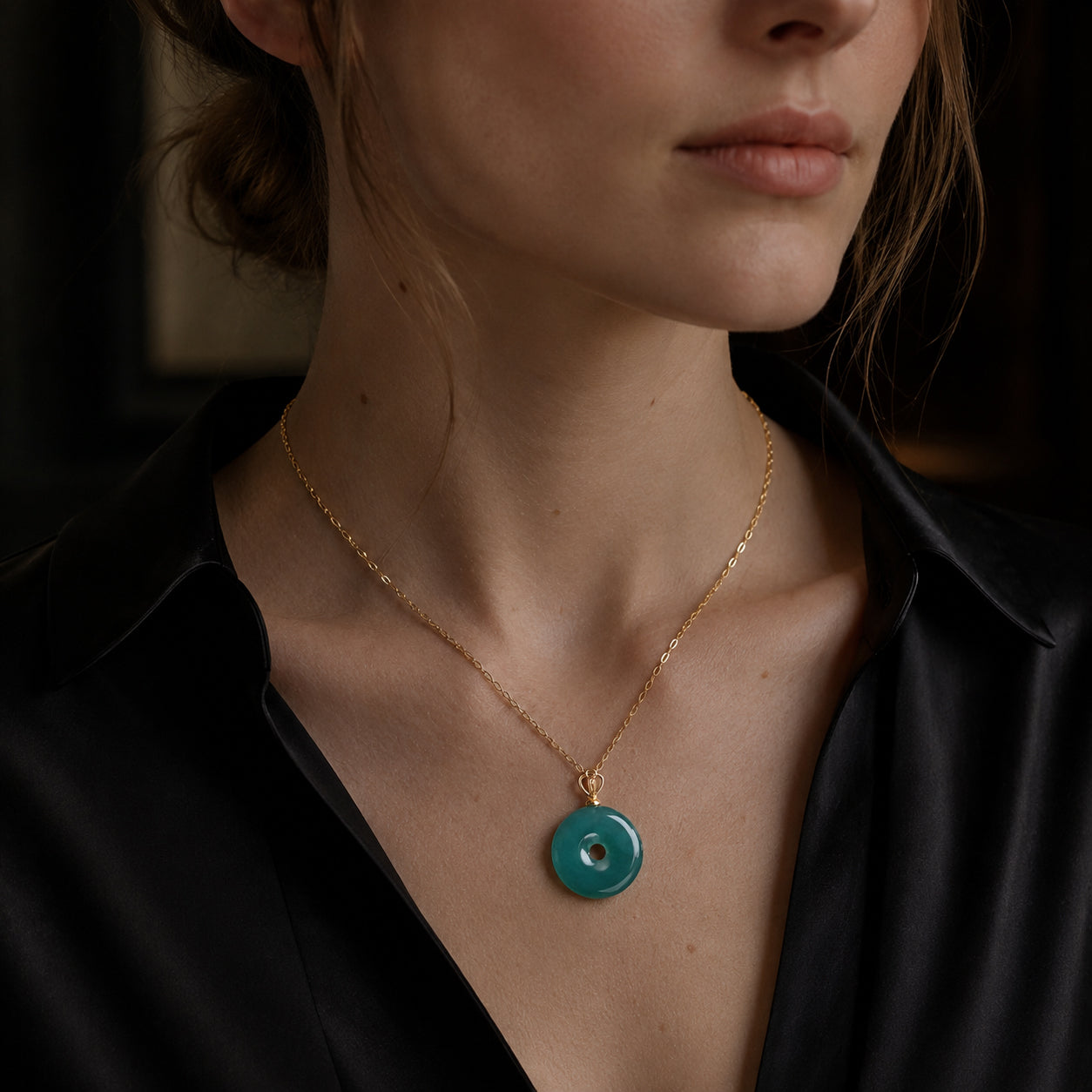 Natural Blue Jadeite Ping An Kou Necklace for Women – 18K Gold Fashion Jewelry